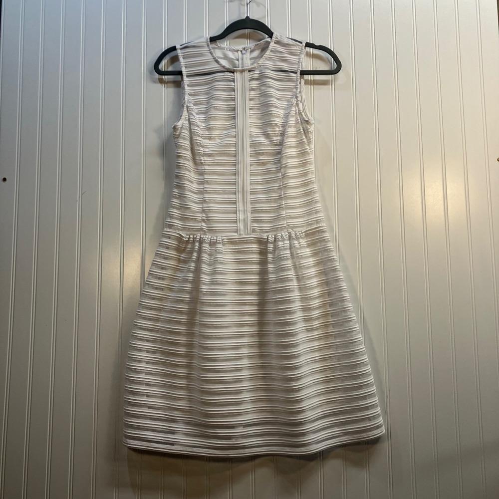 Calvin Klein White Striped Mesh Fit and Flare Sleeveless Dress Size 2 Bride Airy